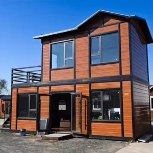 2 – Storey, 2 – Bedroom Prefab Villa Tiny House with Rooftop Terrace, Rustic – Look Exterior, Energy – Efficient Windows, Kitchen – Bathroom – Ideal for Modern Family Living